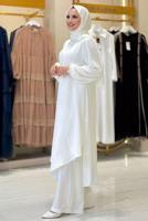 Tesettür giyim EKRU ŞALLI PANTOLONLU TAKIM T 7393