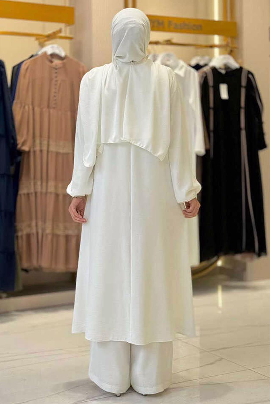 Tesettür giyim EKRU ŞALLI PANTOLONLU TAKIM T 7393