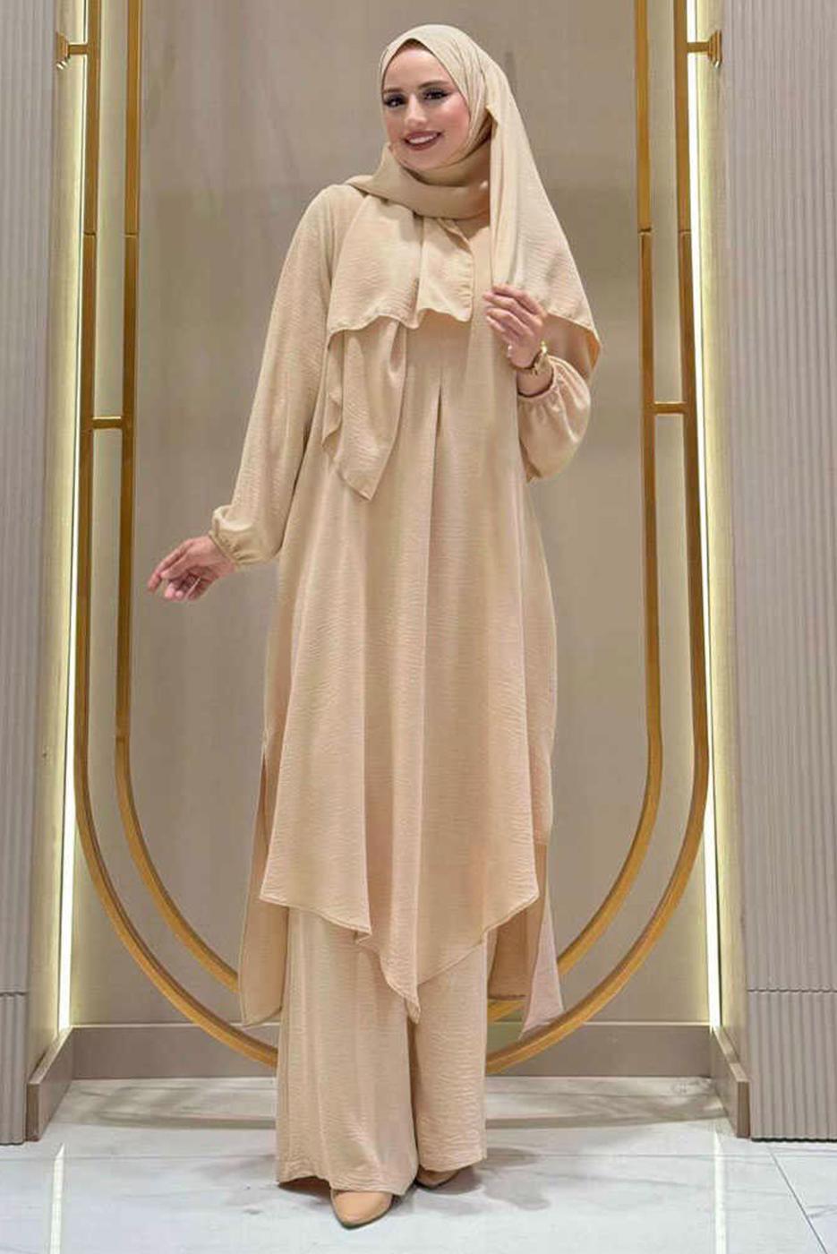 Tesettür giyim BEJ ŞALLI PANTOLONLU TAKIM T 7393