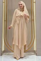 Tesettür giyim BEJ ŞALLI PANTOLONLU TAKIM T 7393