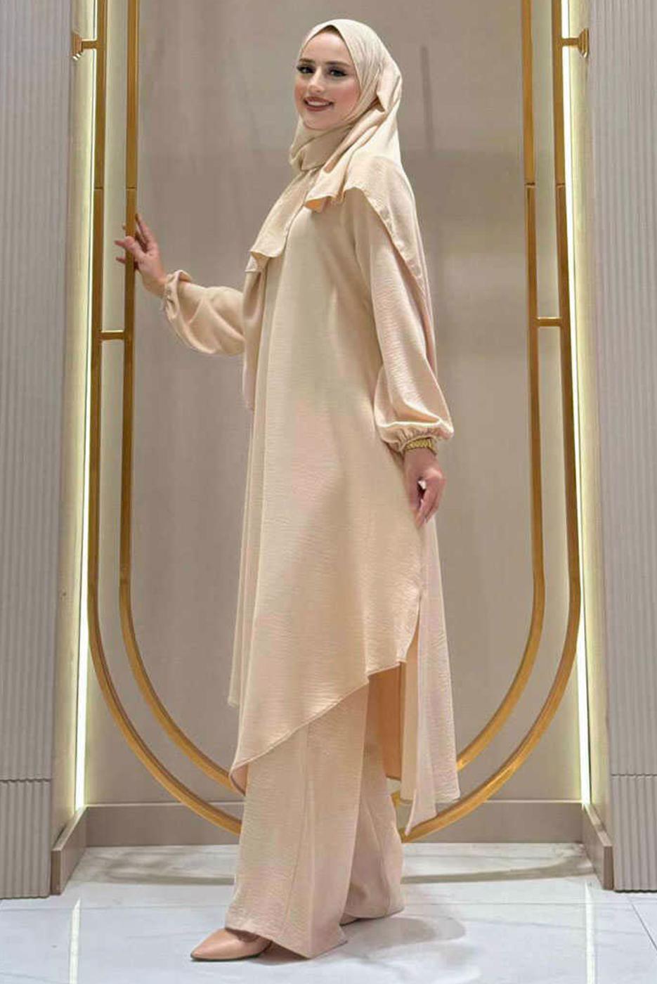 Tesettür giyim BEJ ŞALLI PANTOLONLU TAKIM T 7393
