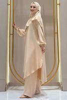 Tesettür giyim BEJ ŞALLI PANTOLONLU TAKIM T 7393