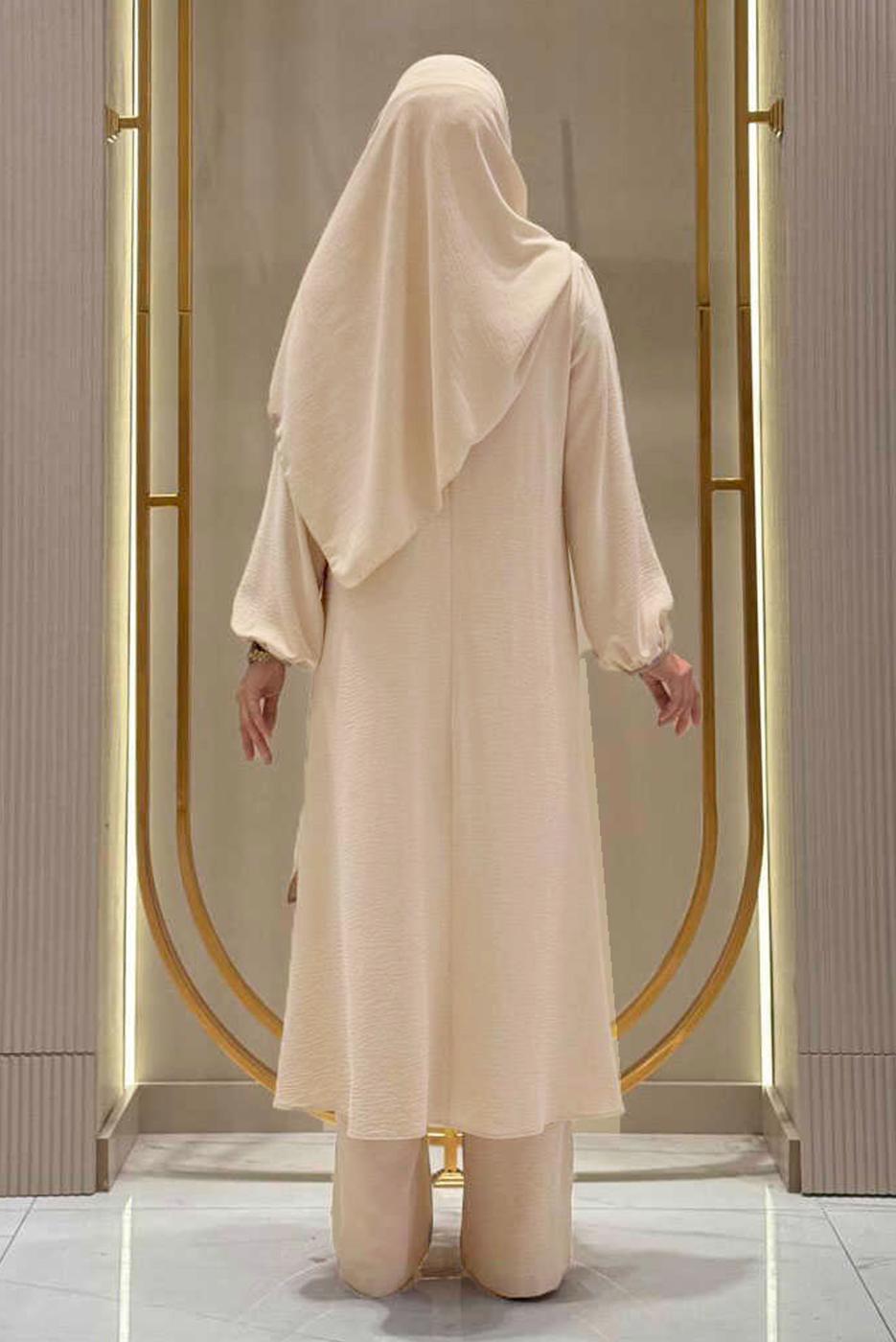 Tesettür giyim BEJ ŞALLI PANTOLONLU TAKIM T 7393