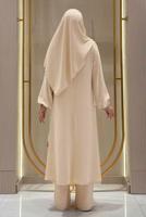 Tesettür giyim BEJ ŞALLI PANTOLONLU TAKIM T 7393