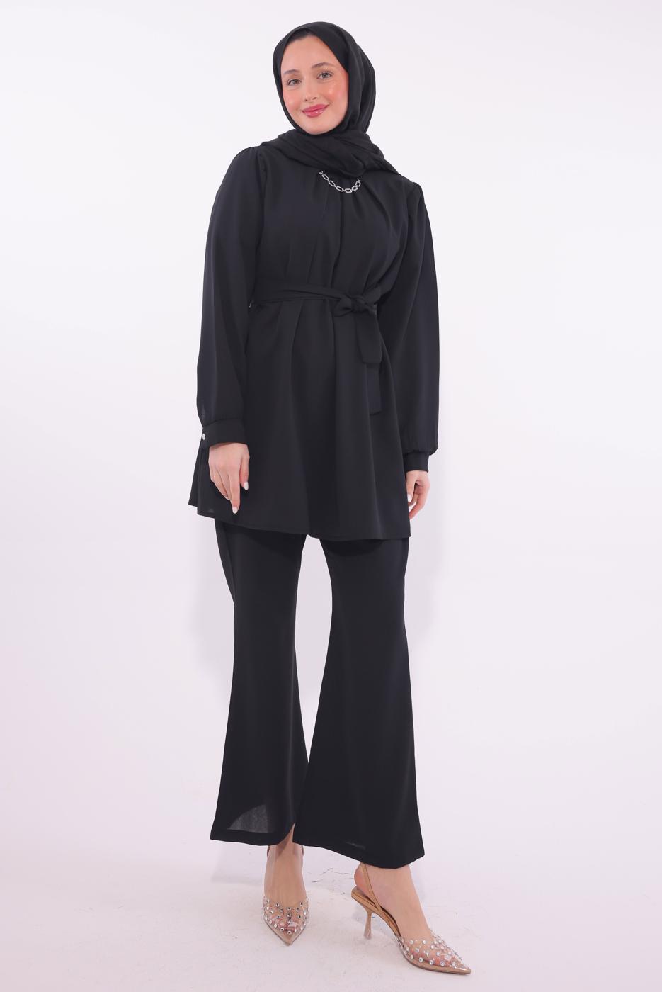 Tesettür giyim SİYAH KOLYE DETAYLI PANTOLONLU TAKIM T 7674