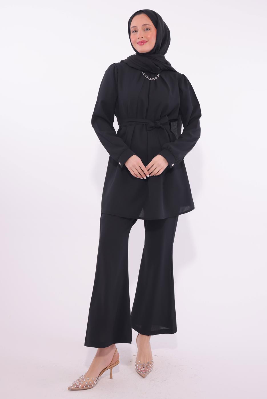Tesettür giyim SİYAH KOLYE DETAYLI PANTOLONLU TAKIM T 7674