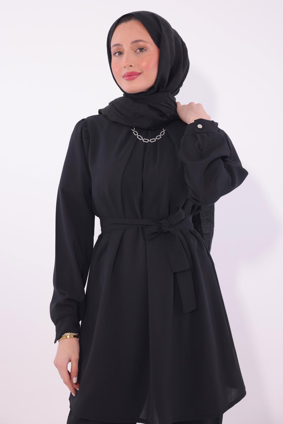 Tesettür giyim SİYAH KOLYE DETAYLI PANTOLONLU TAKIM T 7674