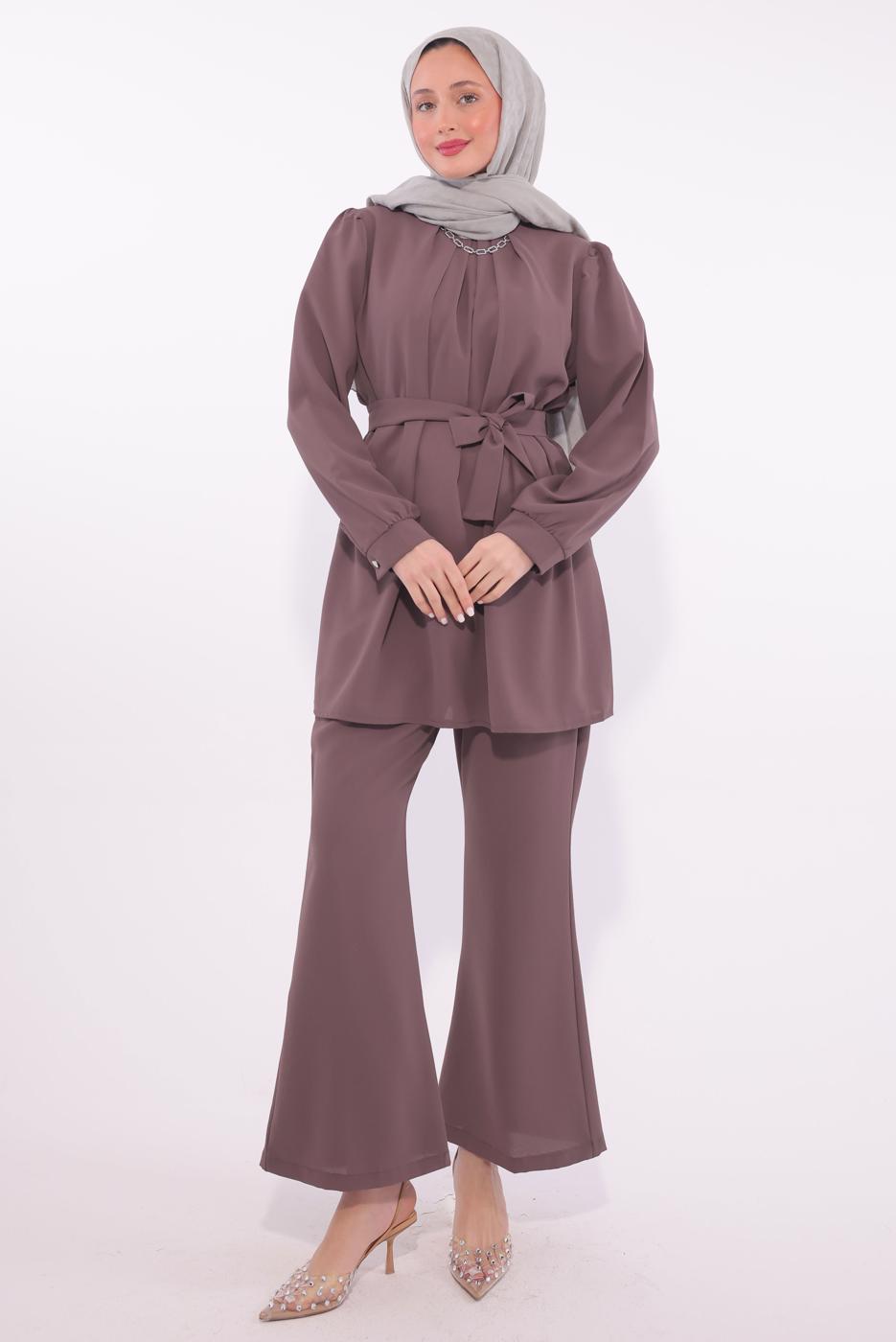 Tesettür giyim MÜRDÜM KOLYE DETAYLI PANTOLONLU TAKIM T 7674