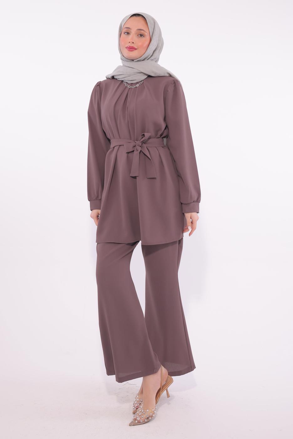 Tesettür giyim MÜRDÜM KOLYE DETAYLI PANTOLONLU TAKIM T 7674