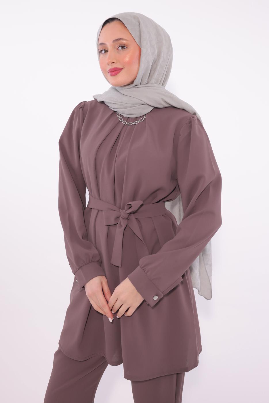 Tesettür giyim MÜRDÜM KOLYE DETAYLI PANTOLONLU TAKIM T 7674