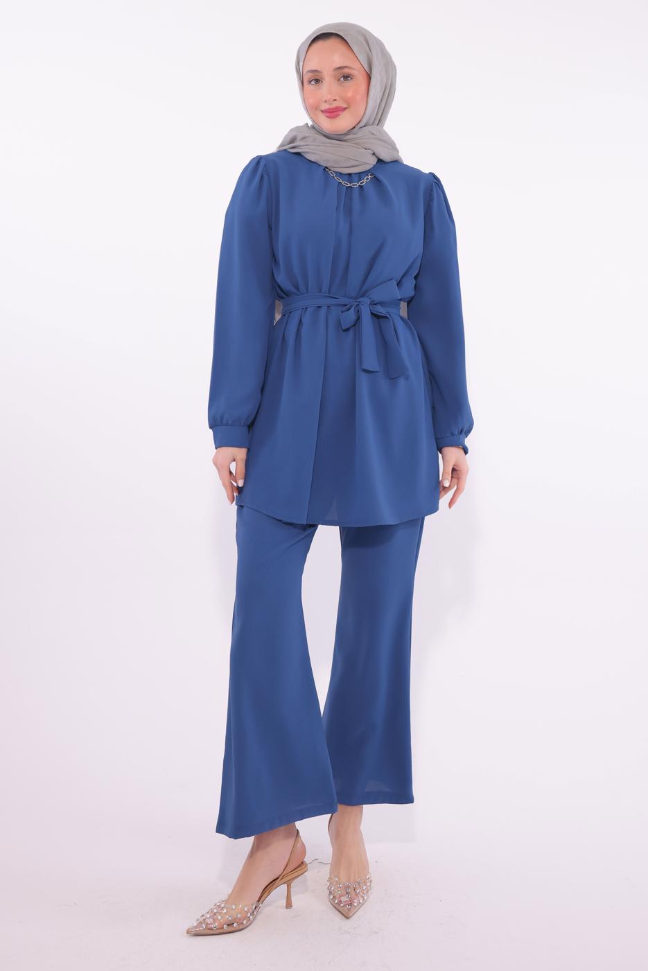 Tesettür giyim LACİVERT KOLYE DETAYLI PANTOLONLU TAKIM T 7674
