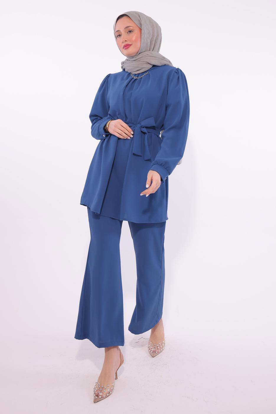 Tesettür giyim LACİVERT KOLYE DETAYLI PANTOLONLU TAKIM T 7674