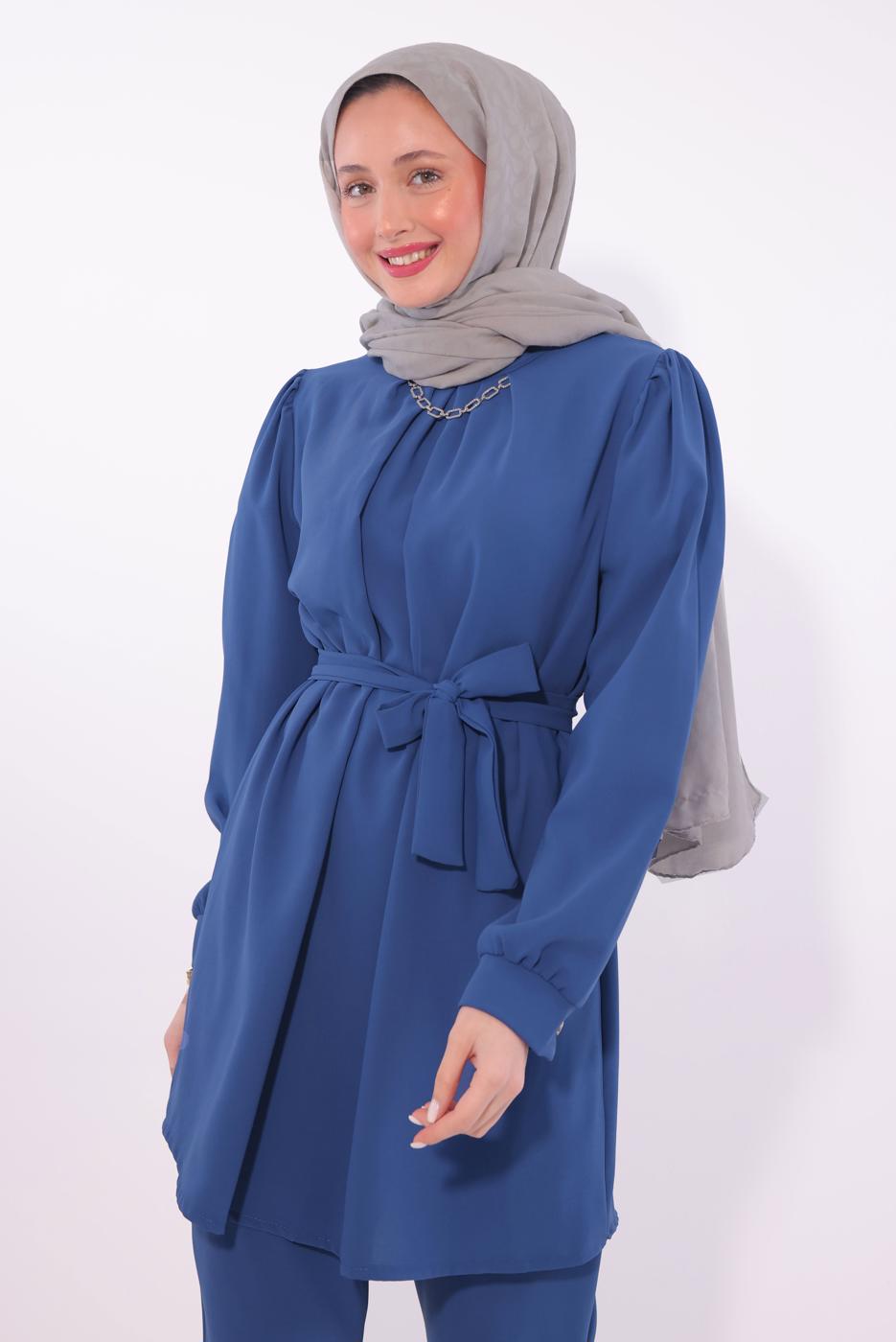 Tesettür giyim LACİVERT KOLYE DETAYLI PANTOLONLU TAKIM T 7674