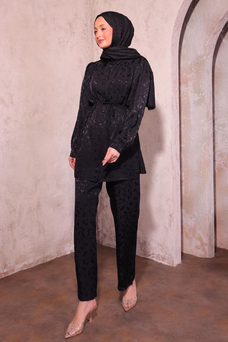 Tesettür giyim SİYAH PANTOLONLU JAKAR TAKIM T 7874