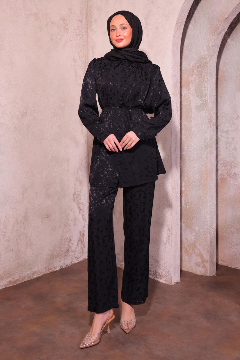 Tesettür giyim SİYAH PANTOLONLU JAKAR TAKIM T 7874