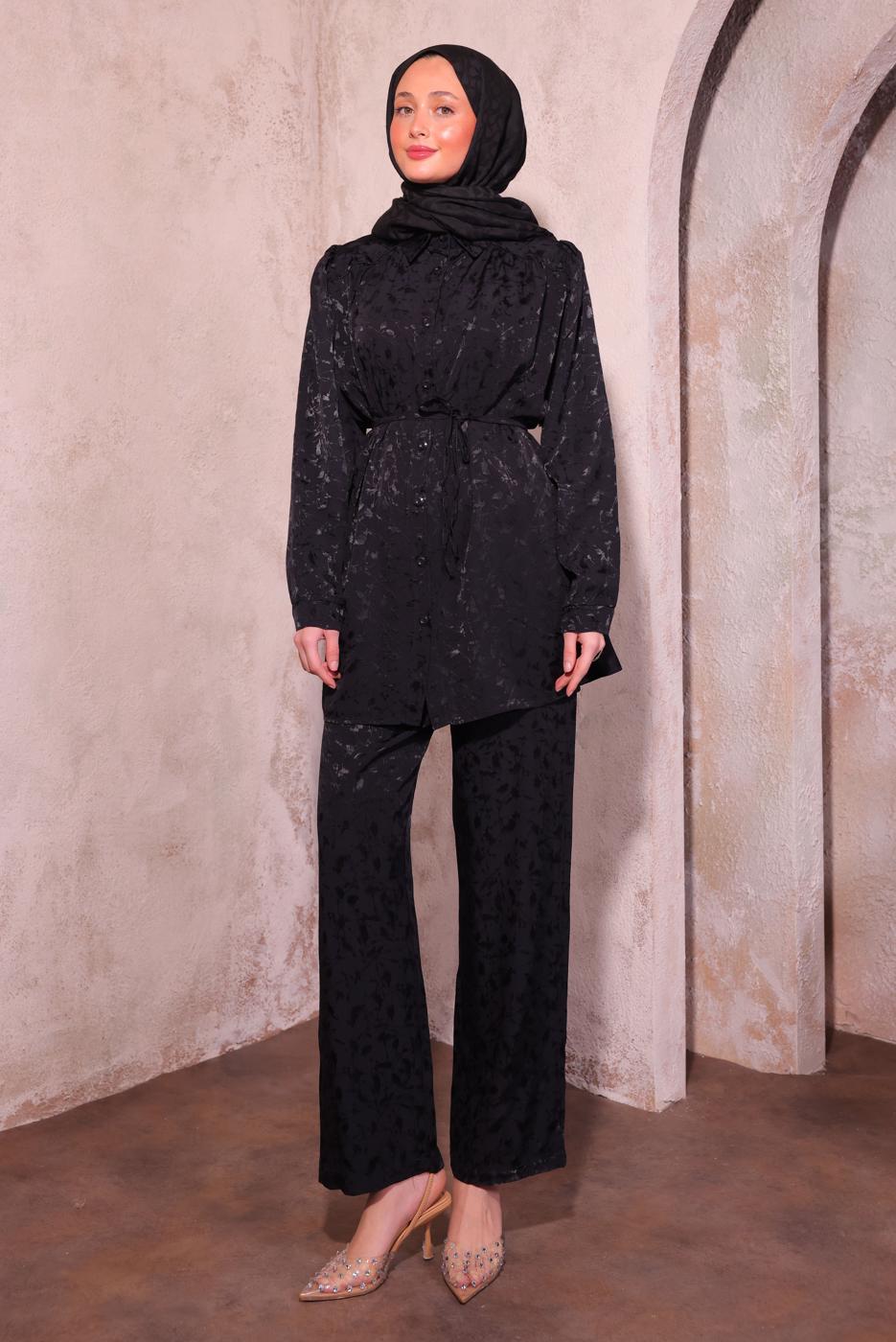 Tesettür giyim SİYAH PANTOLONLU JAKAR TAKIM T 7874
