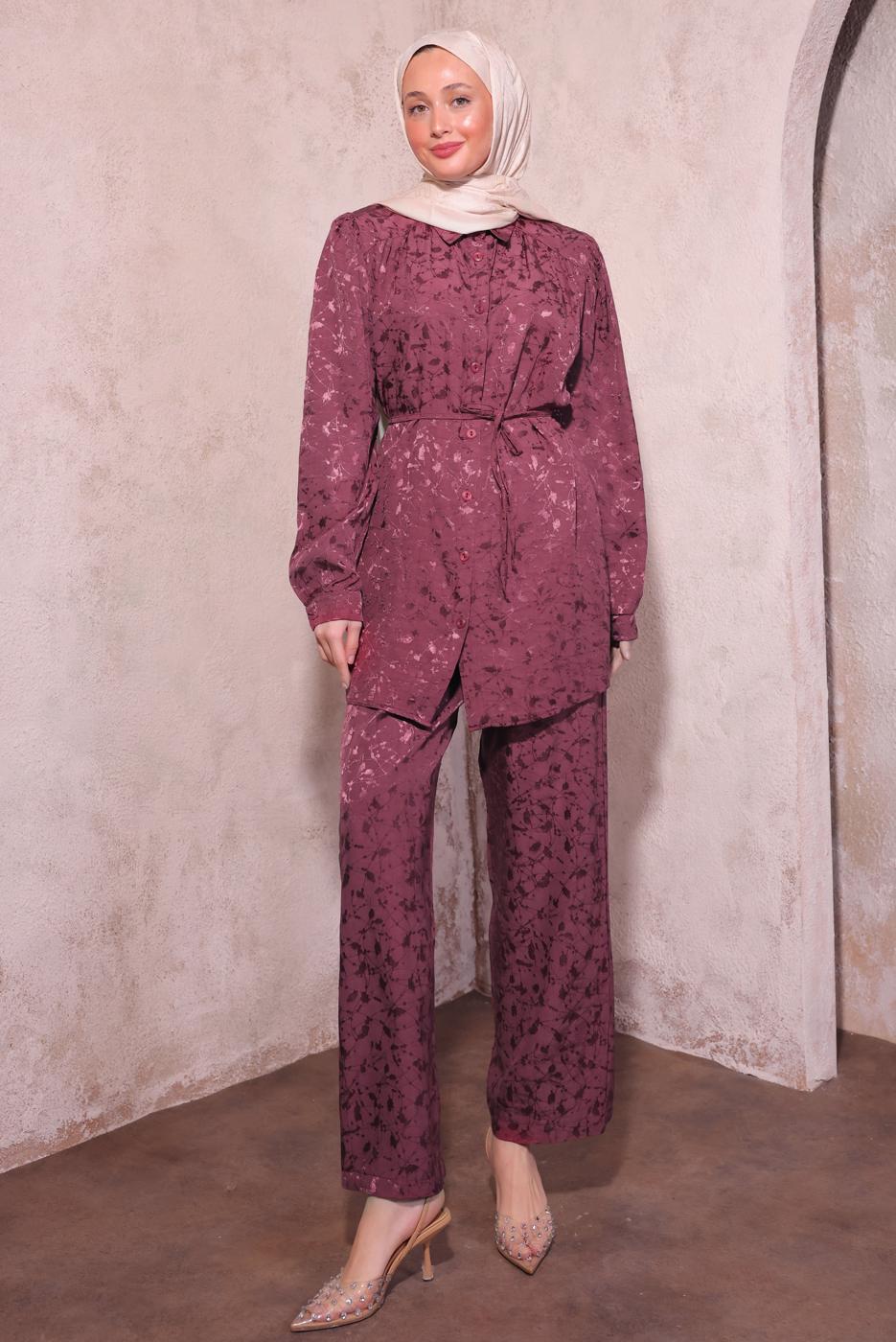 Hijab clothing CLARET RED JACQUARD PANTS SUIT T 7874