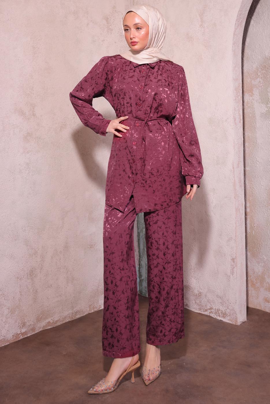Hijab clothing CLARET RED JACQUARD PANTS SUIT T 7874