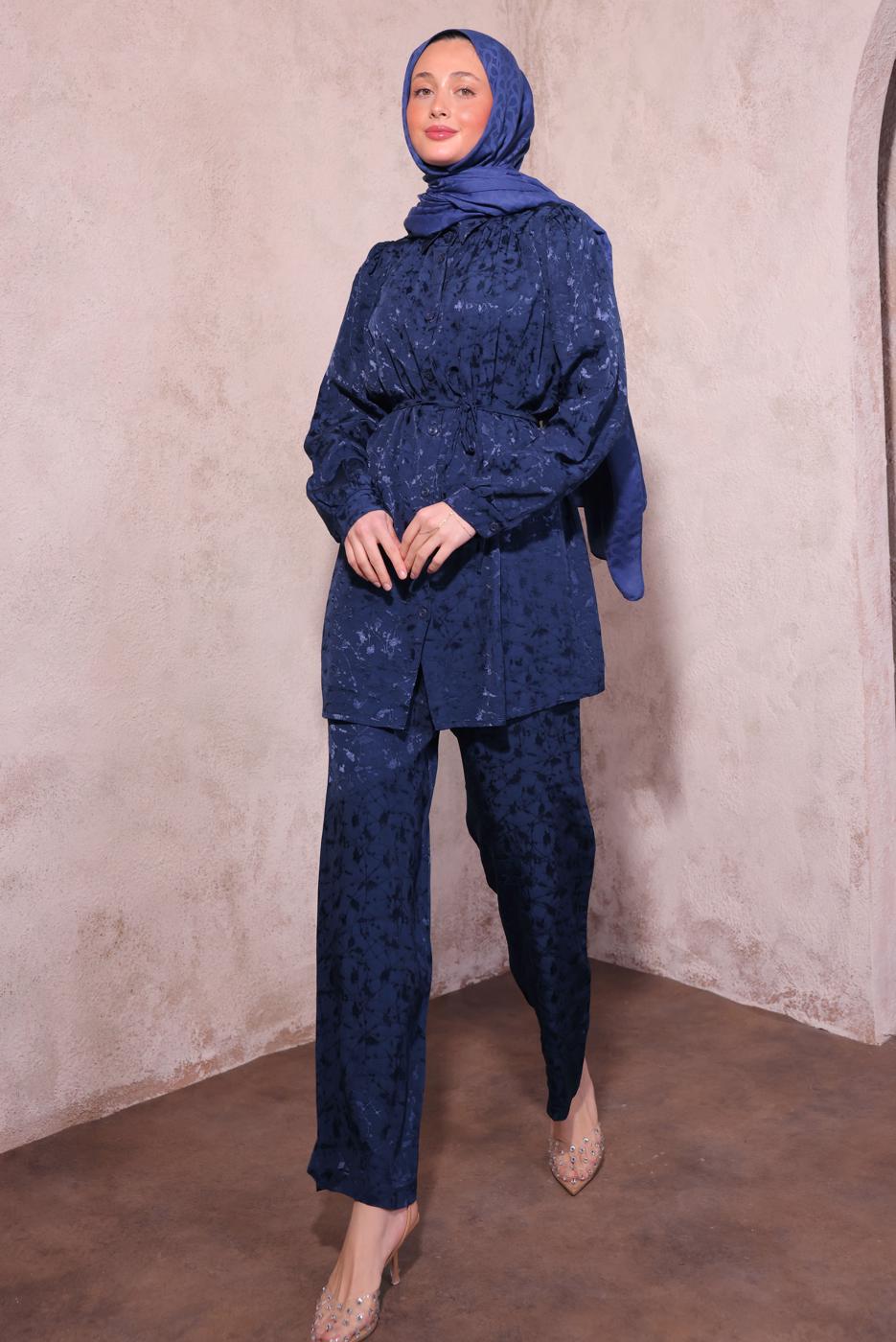 Tesettür giyim LACİVERT PANTOLONLU JAKAR TAKIM T 7874