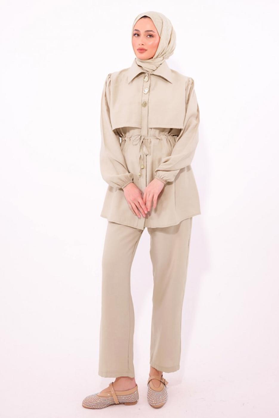Hijab clothing BEIGE TIED WAIST PANTS SUIT T 8184