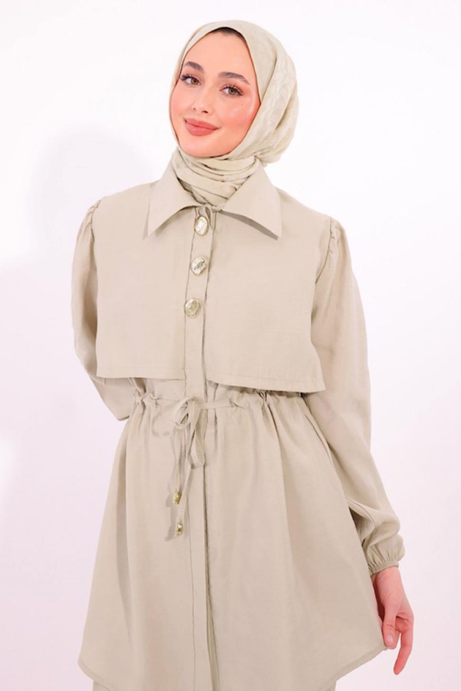 Hijab clothing BEIGE TIED WAIST PANTS SUIT T 8184