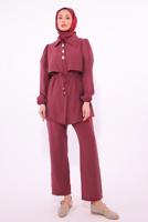 Hijab clothing CLARET RED TIED WAIST PANTS SUIT T 8184