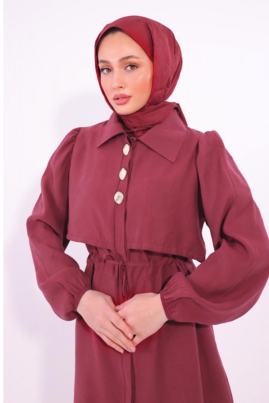 Hijab clothing CLARET RED TIED WAIST PANTS SUIT T 8184