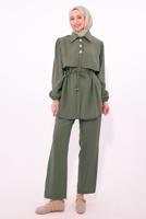 Tesettür giyim HAKİ BELİ BAĞCIKLI PANTOLONLU TAKIM T 8184