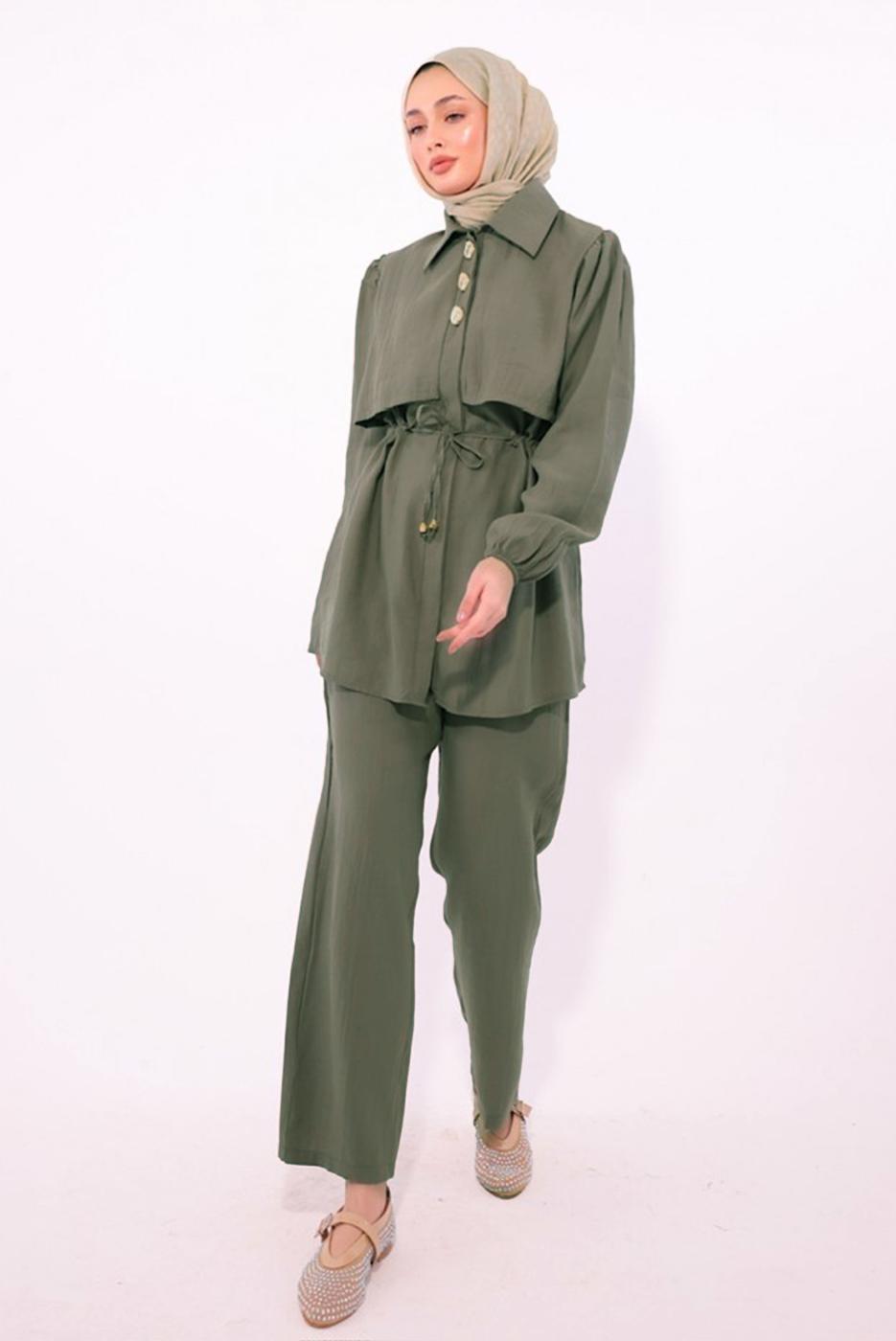 Tesettür giyim HAKİ BELİ BAĞCIKLI PANTOLONLU TAKIM T 8184