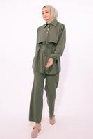 Tesettür giyim HAKİ BELİ BAĞCIKLI PANTOLONLU TAKIM T 8184