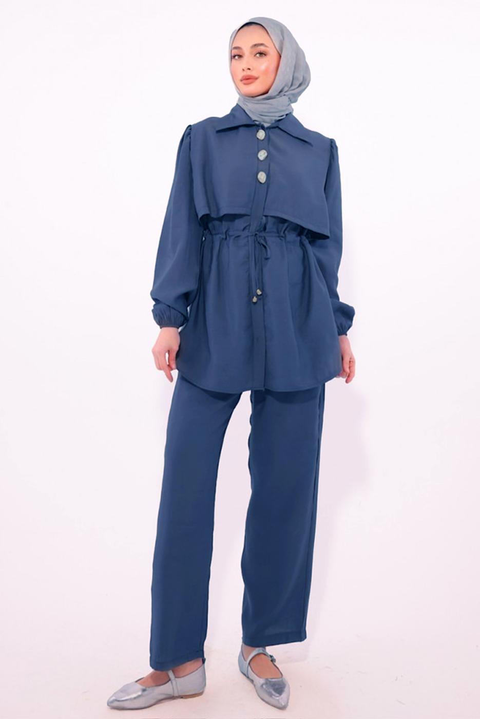Hijab clothing NAVY BLUE TIED WAIST PANTS SUIT T 8184