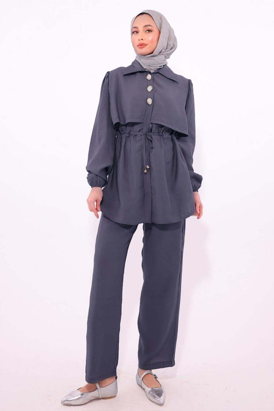 Hijab clothing GREY TIED WAIST PANTS SUIT T 8184