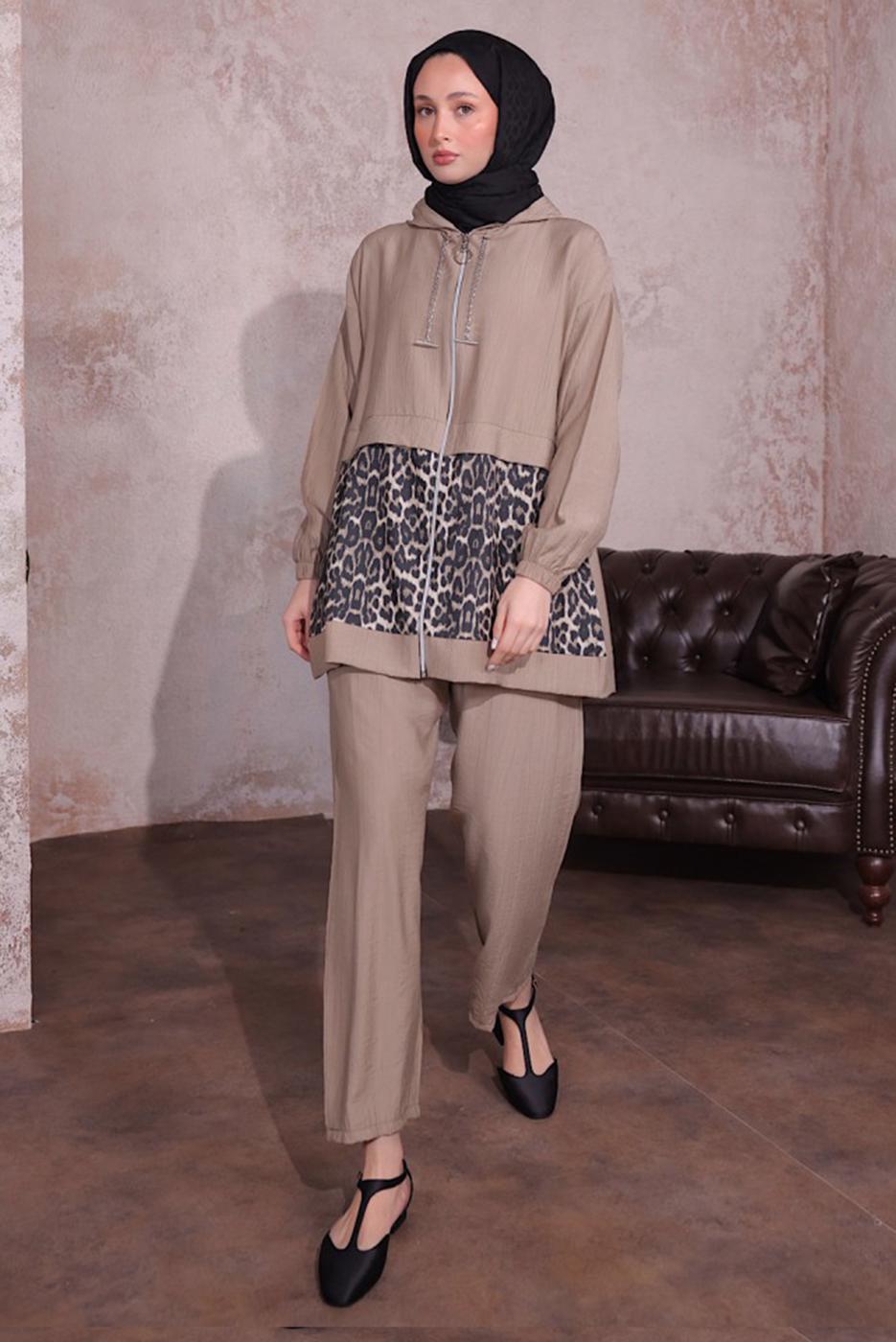 Hijab clothing MINK LEOPARD PATTERNED PANTS SUIT T 8474