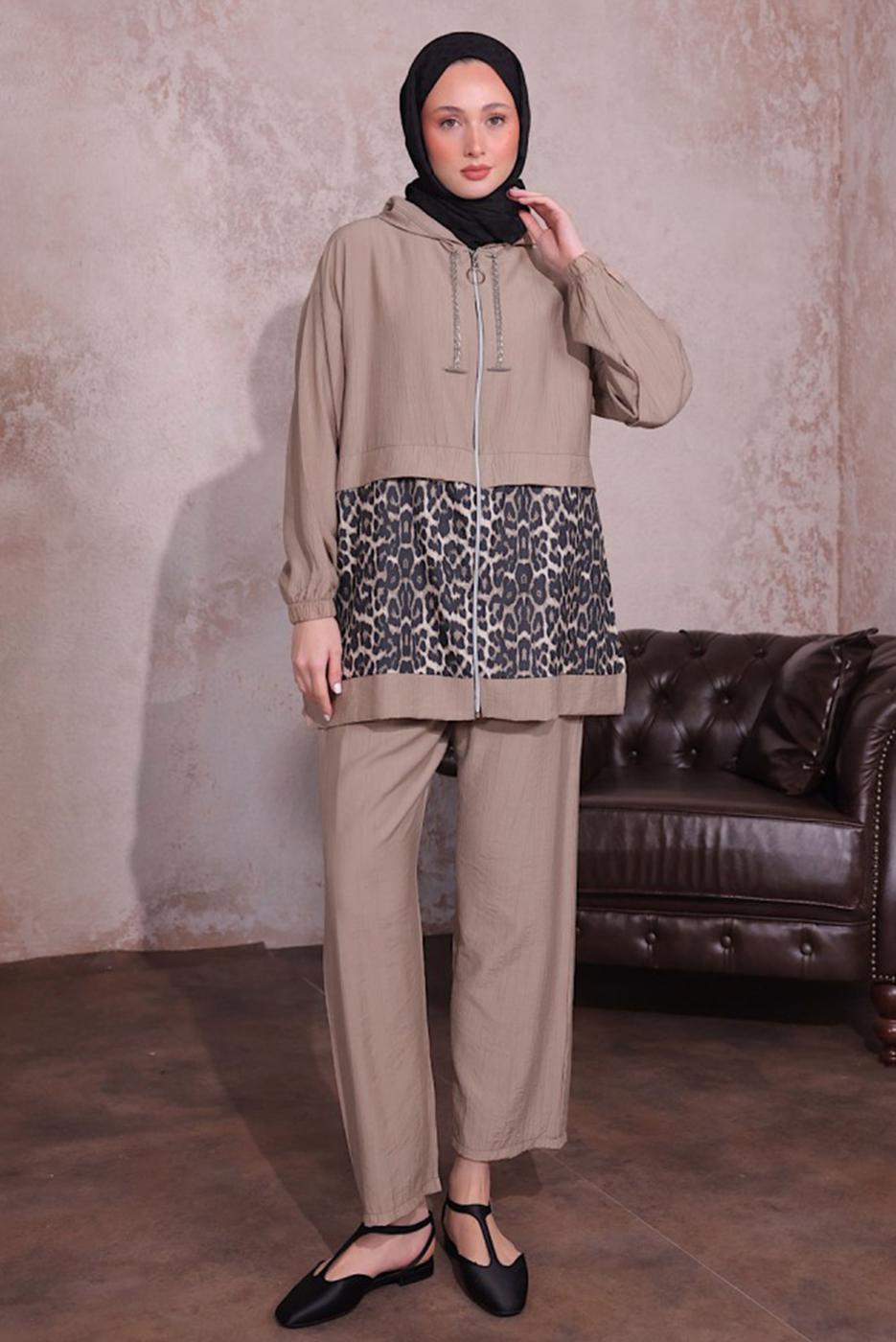 Hijab clothing MINK LEOPARD PATTERNED PANTS SUIT T 8474