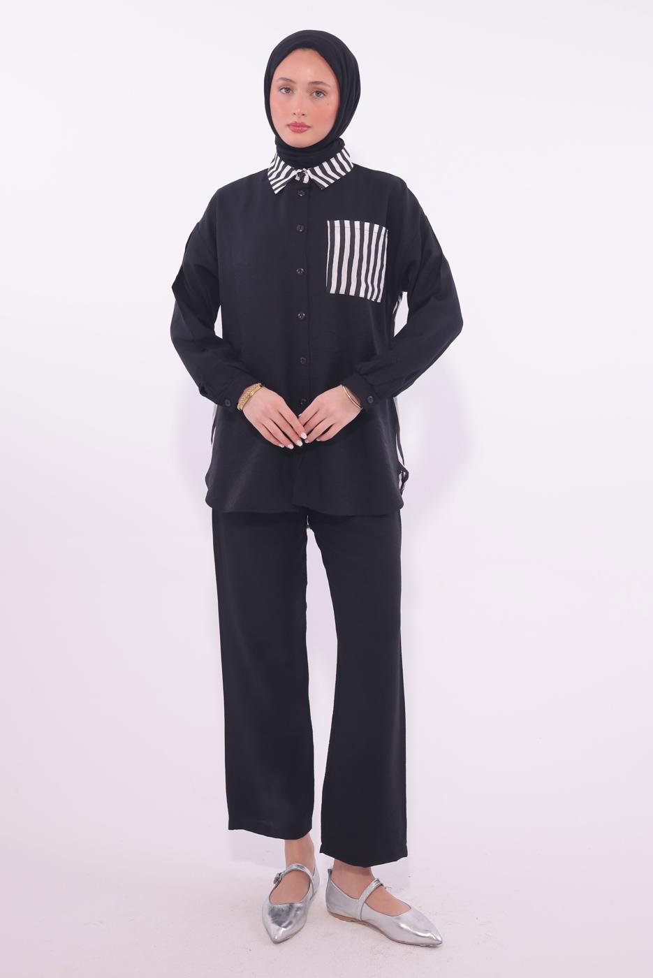 Tesettür giyim SİYAH ÇİZGİLİ PANTOLONLU TAKIM T 8574