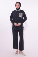 Tesettür giyim SİYAH ÇİZGİLİ PANTOLONLU TAKIM T 8574
