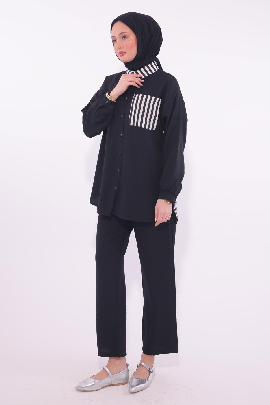 Tesettür giyim SİYAH ÇİZGİLİ PANTOLONLU TAKIM T 8574