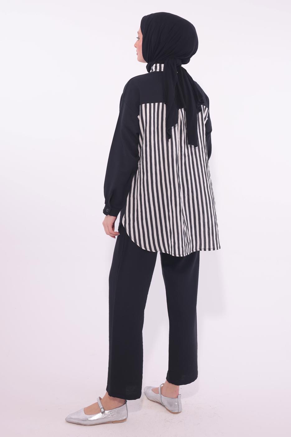 Tesettür giyim SİYAH ÇİZGİLİ PANTOLONLU TAKIM T 8574