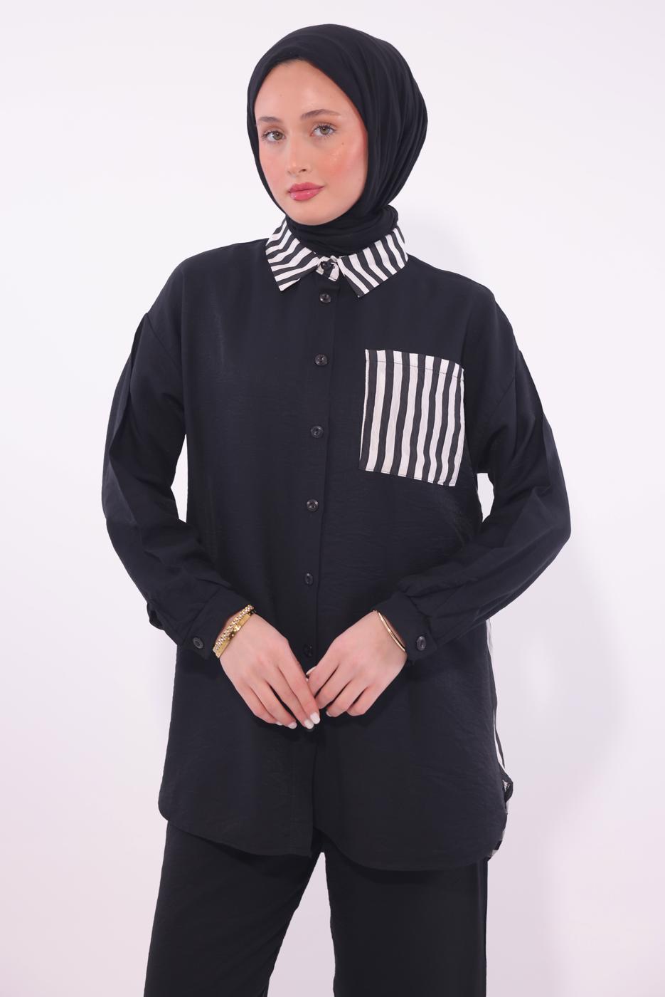 Tesettür giyim SİYAH ÇİZGİLİ PANTOLONLU TAKIM T 8574