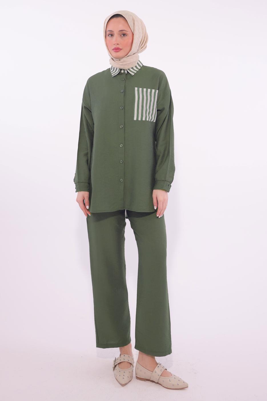 Tesettür giyim HAKİ ÇİZGİLİ PANTOLONLU TAKIM T 8574