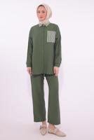 Tesettür giyim HAKİ ÇİZGİLİ PANTOLONLU TAKIM T 8574