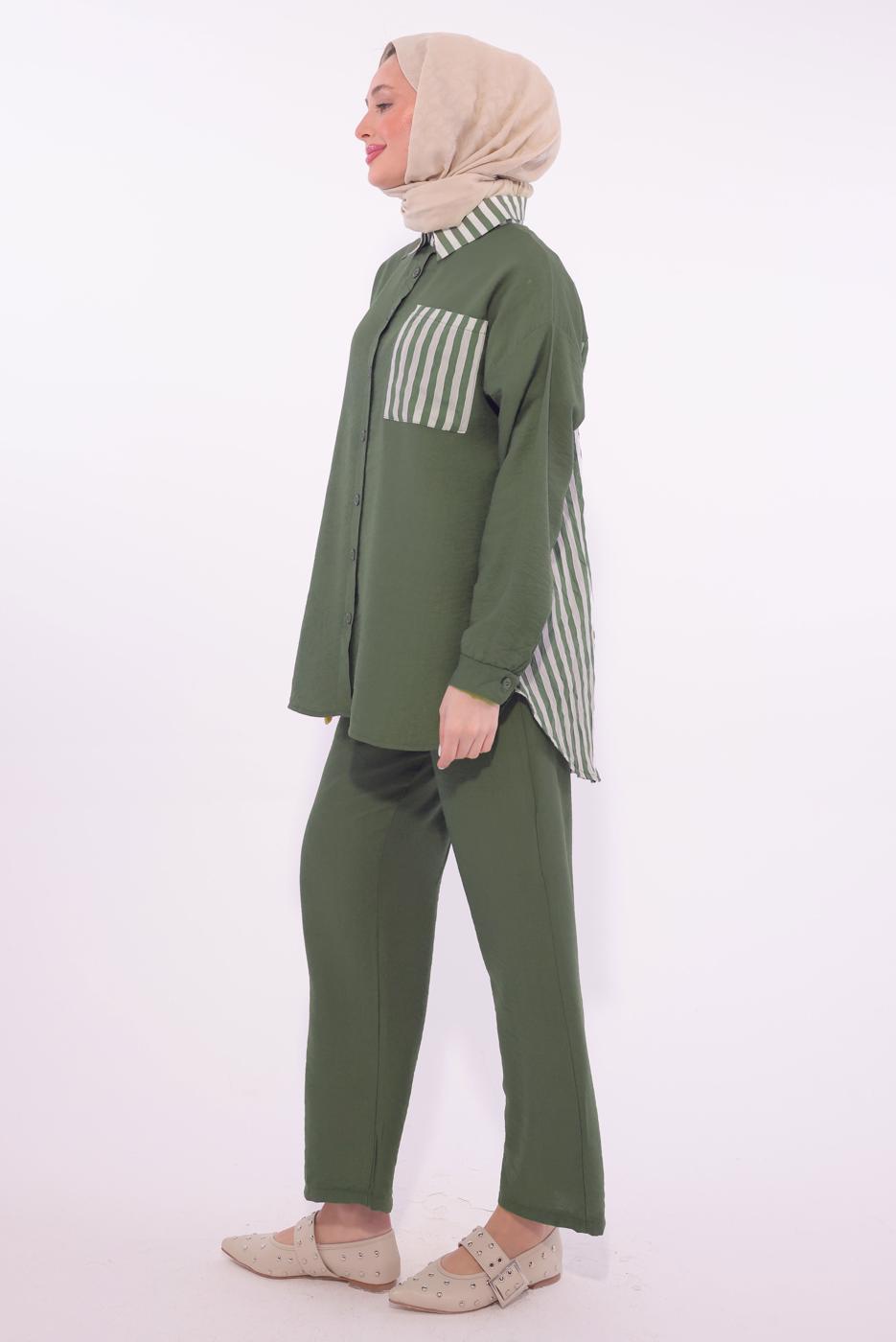 Tesettür giyim HAKİ ÇİZGİLİ PANTOLONLU TAKIM T 8574