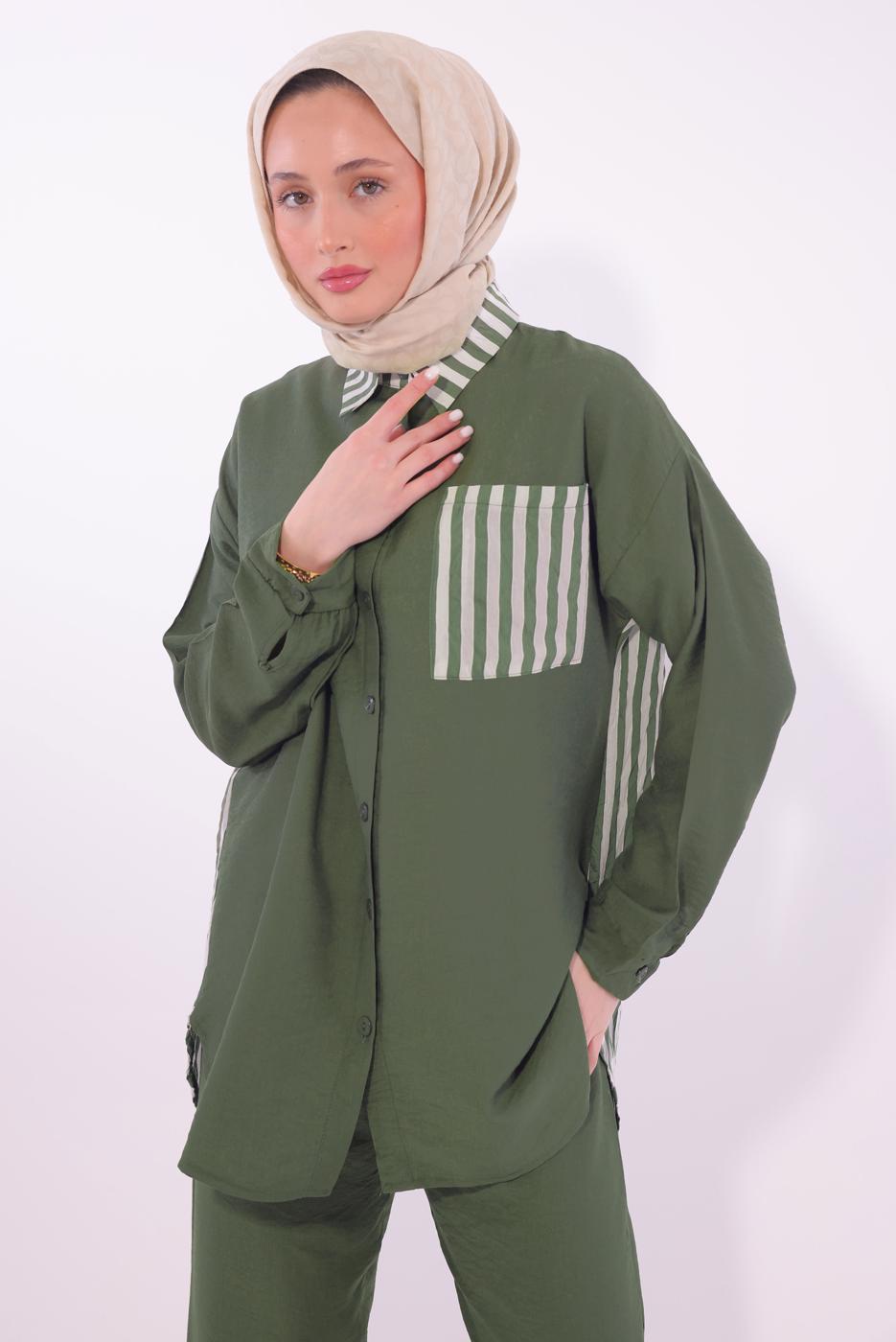 Tesettür giyim HAKİ ÇİZGİLİ PANTOLONLU TAKIM T 8574