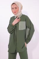 Tesettür giyim HAKİ ÇİZGİLİ PANTOLONLU TAKIM T 8574