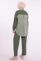 Tesettür giyim HAKİ ÇİZGİLİ PANTOLONLU TAKIM T 8574