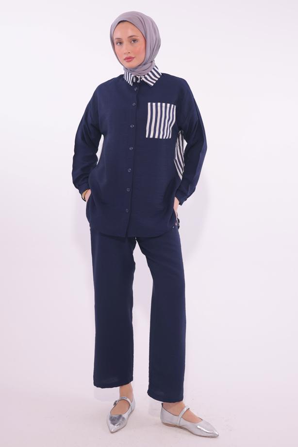 Tesettür giyim  ÇİZGİLİ PANTOLONLU TAKIM T 8574 - TRENDTESETTÜR