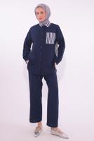 Tesettür giyim LACİVERT ÇİZGİLİ PANTOLONLU TAKIM T 8574
