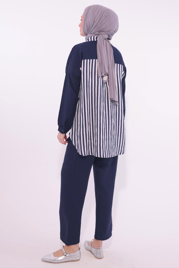 Tesettür giyim  ÇİZGİLİ PANTOLONLU TAKIM T 8574 - TRENDTESETTÜR