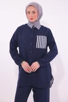 Tesettür giyim LACİVERT ÇİZGİLİ PANTOLONLU TAKIM T 8574