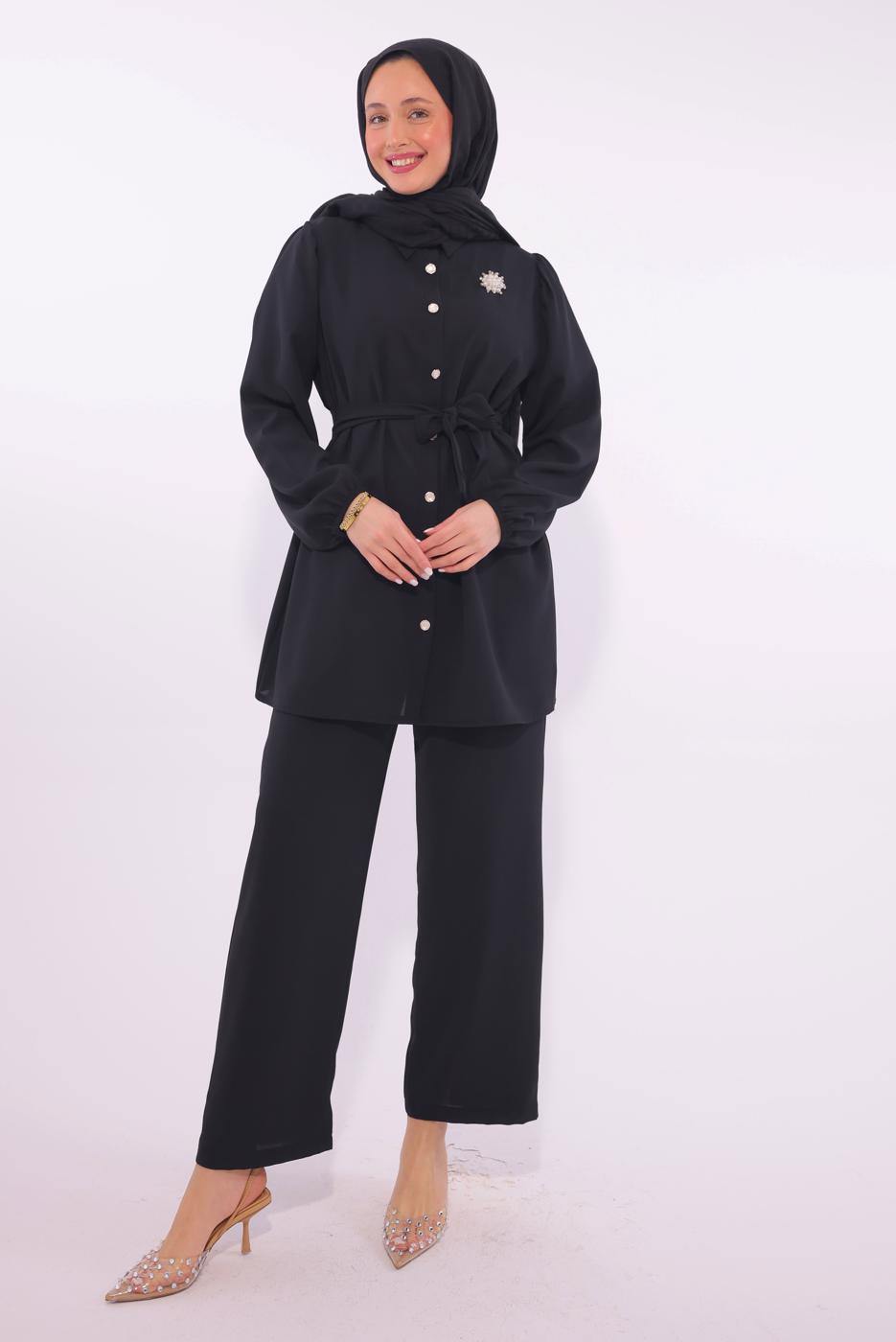 Tesettür giyim SİYAH KUŞAKLI PANTOLONLU TAKIM T 8674